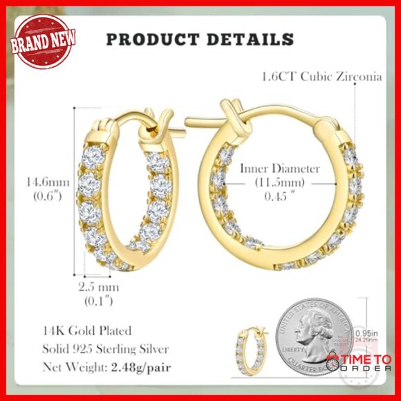 Sterling Silver Gold Plated Cubic Zirconia Hoop Earrings 14mm/20mm/26mm - Picture 4 of 7